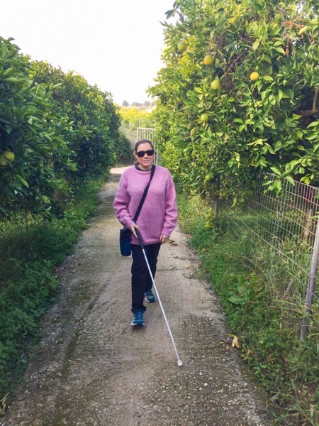 A dark-haired woman is walking down a narrow pathway lined with lush green bushes bearing yellow lemons. She is wearing sunglasses, a pink sweater, dark pants, and blue trainers, and is using a white cane. She hasva black strap bag over one shoulder and is smiling slightly towards the camera. The setting is a sunny day with clear skies.