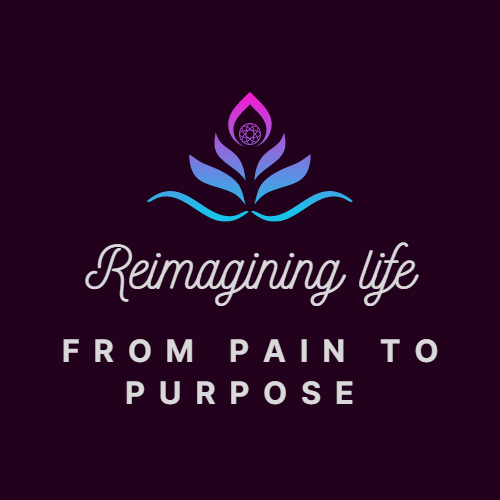 The Reimagining Life podcast logo of a stylized lotus flower with petals going from blue to purple with pink tips. In the centre is a small white circle with a purple symbol of an abstract person in a yoga pose. Below the lotus, the text reads: 'Reimagining life FROM PAIN TO PURPOSE'. The colour scheme is dark purple, blue, and pink with white text.