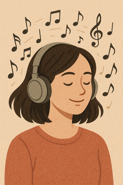Image of a woman with shoulder length dark brown hair with headphones and music notes flying around their head.