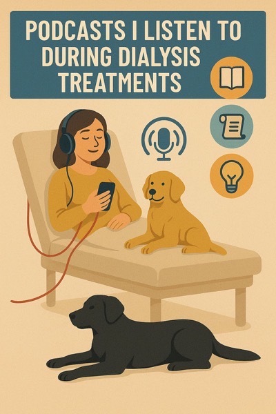 A digital image of a woman reclining on a medical chair, wearing headphones and holding a phone, suggesting she is listening to a podcast. There are two dogs with her, a light dog sitting beside her on the chair and a black dog lying on the floor. Surrounding her are icons that represent the different types of shows she listens to. At the top, there’s a heading that says PODCASTS I LISTEN TO DURING DIALYSIS TREATMENTS. The overall color scheme is warm and friendly, giving a  comforting vibe. 