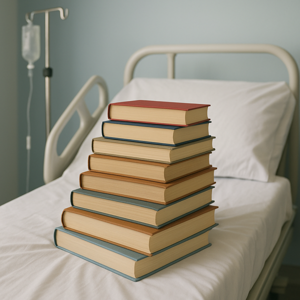 A pile of books lying in the middle of a medical bed 