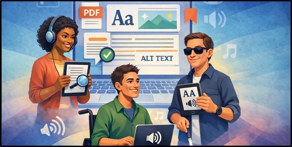p1.jpg colourful digital illustration shows three people engaging with accessible technology. A woman with curly hair and headphones is holding a tablet displaying a document with a magnifying glass icon. A smiling young man in a wheelchair is using a laptop, and a man with dark hair, sunglasses, and a cane is holding a tablet with large letters and a speaker icon. The background has symbols such as a PDF icon, a checkbox, music notes, and text reading ALT TEXT, along with a large laptop screen showing accessibility features. The scene emphasizes digital accessibility, audio assistance, and inclusive technology.