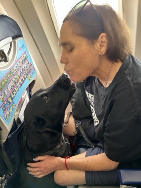  woman seated in an airplane seat, leaning forward toward a black dog. The woman has brown hair pulled back, and sunglasses resting on top of her head. She is wearing a black T-shirt and small earrings, with a red bracelet on her wrist. The black dog is facing up toward her, close to her face, leash. An airplane window is beside them, and a colorful safety card with many small icons is attached to the seat in front.