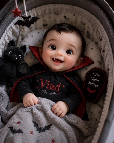 Vlad.jpeg An AI-generated image depicting a vampire baby lying in a cushioned baby seat. The baby has fair skin, dark brown hair, and very large dark brown eyes that are wide open and looking upward with a big smile. Two small white vampiric fangs are visible on the upper gums. The baby is wearing a black long-sleeved outfit with a red-lined vampire cape spread around the shoulders. The chest of the outfit has the name Vlad embroidered in red letters with small red stars and a black bat underneath. A soft, light gray blanket covers the lower half of the baby’s body, with black bats and small red stars embroidered on it. To the baby’s left, there is a plush black bat toy with large round eyes, a small nose, and wings out to the sides. On the baby’s right, there is a decorative coffin-shaped pillow in black and dark red. It has the words Little Night Stalker written on it, with a small red bat design underneath the text. Above the baby, there are soft toys on strings: a red star and a black bat.