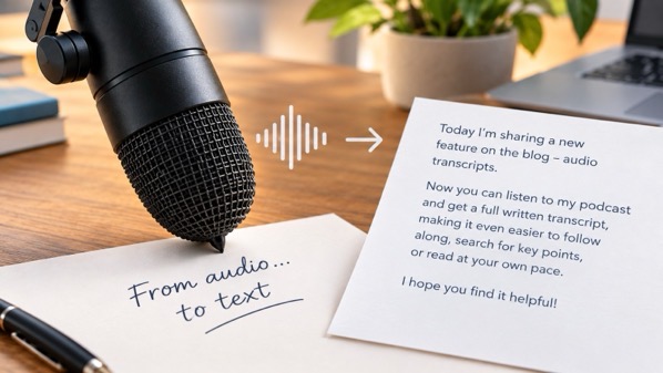 mic.jpeg A black microphone placed on a wooden table,positioned at an angle as if transmitting audio. On the table, handwritten text on a white paper reads From audio... to text, in black ink. To the right of the microphone, there is a standing white card with the heading Audio Transcript, accompanied by an icon resembling a document, followed by printed text which reads In today’s post, I’m sharing a new feature on the blog – audio transcripts.
Now you can listen to my podcast and get a full written transcript, making it even easier to follow along, search for key points, or read at your own pace.